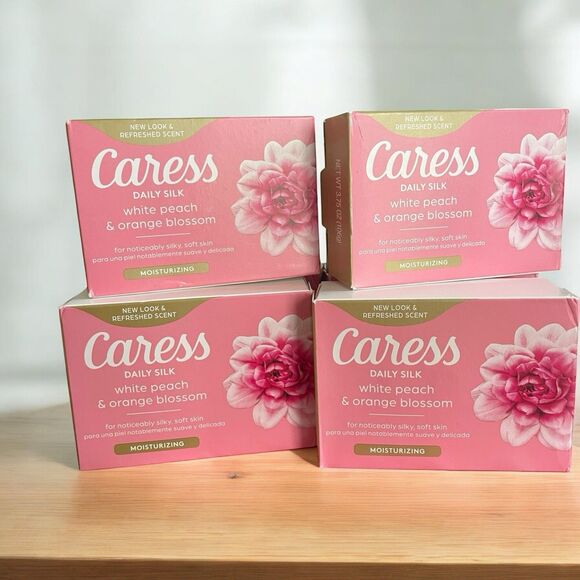 CARESS DAILY SILK BAR SOAP WHITE PEACH & ORANGE BLOSSOMS  LOT OF 4 BARS 3.15 Oz - Picture 1 of 5